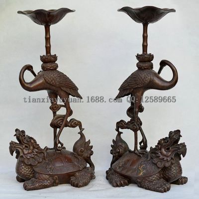 批發(fā)精品銅器 純銅仿古龜鶴延年獨占鰲頭燭臺 龜鶴蠟臺擺件工藝品